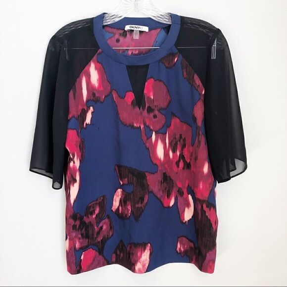 DKNYC Floral Chiffon Black Blue Red Blouse S - Picture 2 of 7